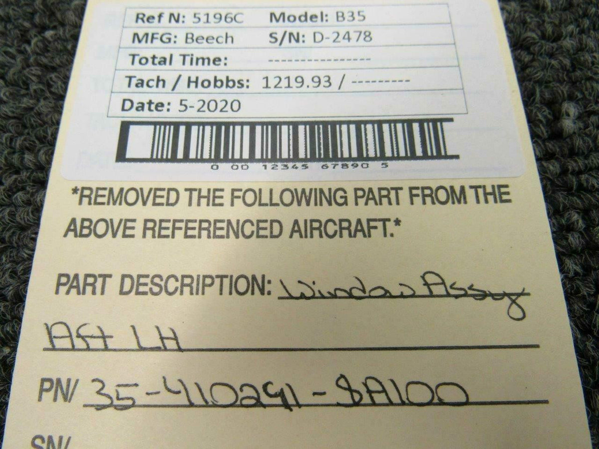 Beechcraft 35-410291-SA100 Beech B35 Window Assy LH Clear, Thin
