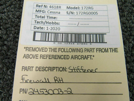 2453003-2 Cessna 172RG Stiffener Firewall Assy RH (Zinc) (DA) BAS Part Sales | Airplane Parts