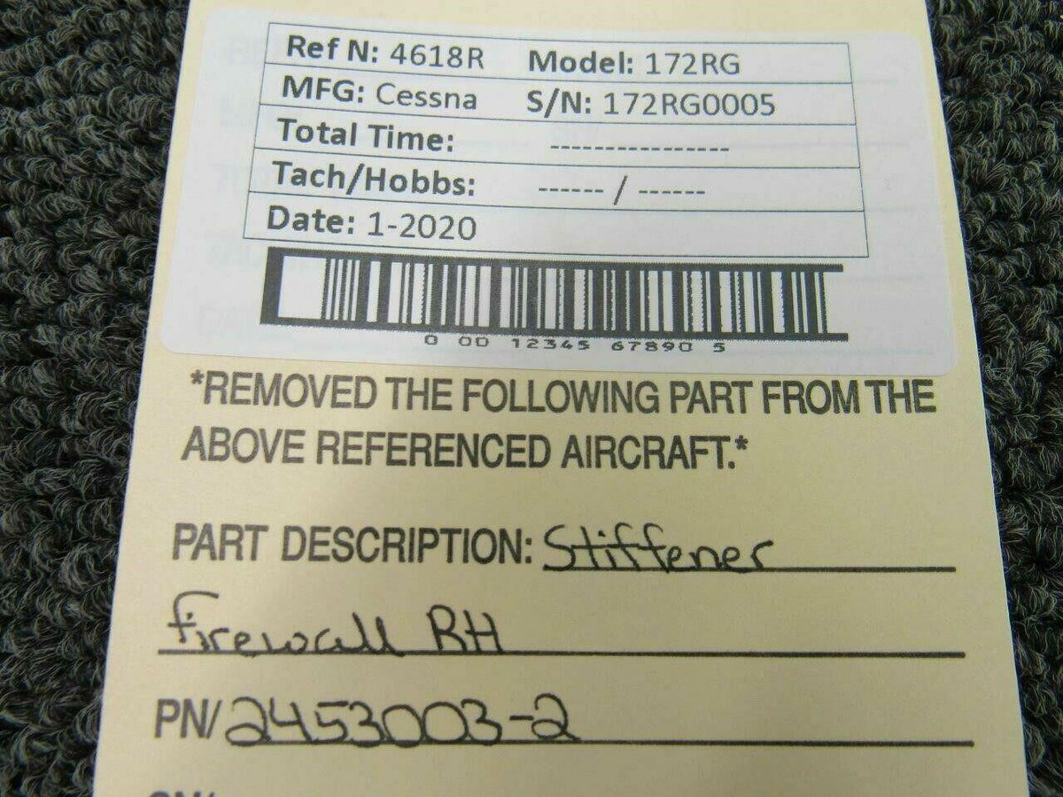 Cessna 2453003-2 Cessna 172RG Stiffener Firewall Assy RH Zinc DA