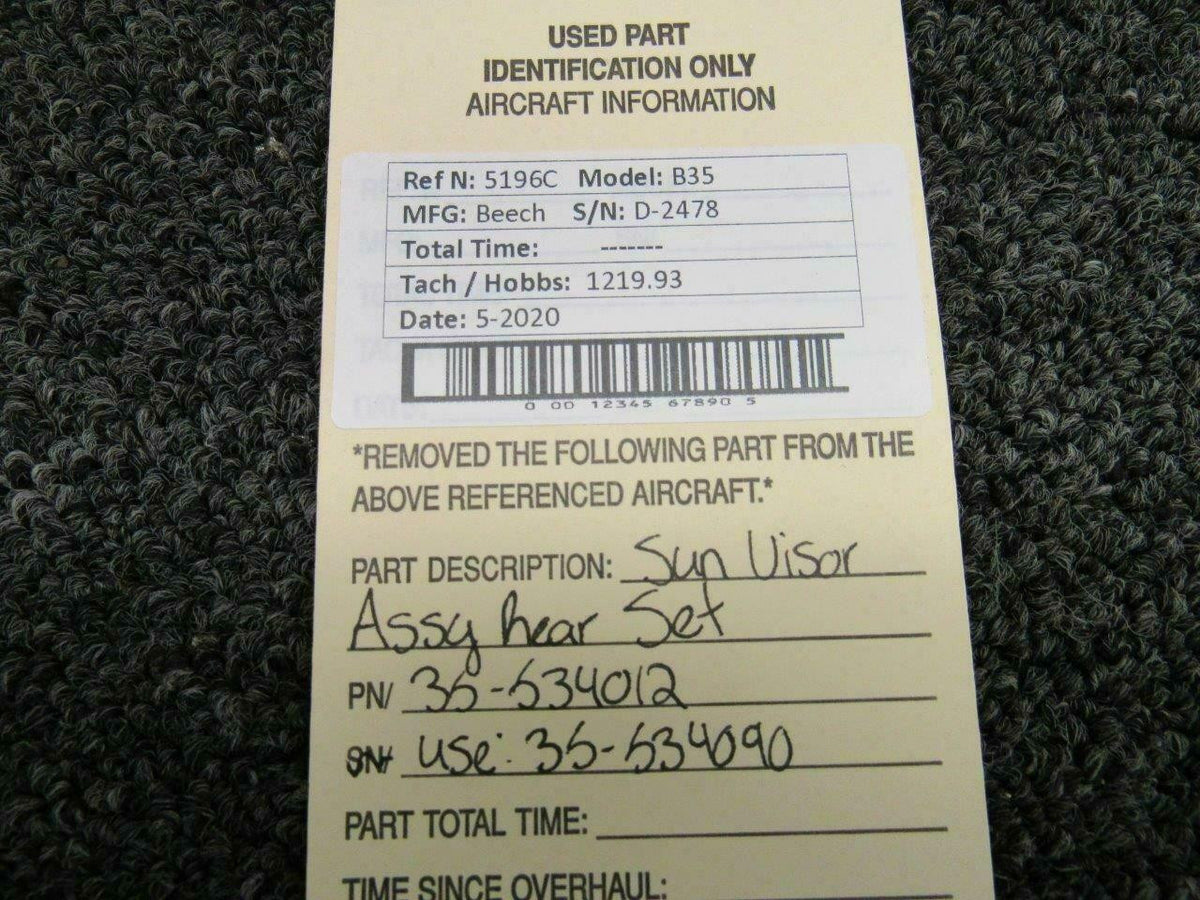 Beechcraft 35-534012 USE 35-534090 Beech B35 Sun Visor Set Aft