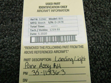 Beechcraft 35-115136-3 Beech B35 Landing Light Pane Assy RH