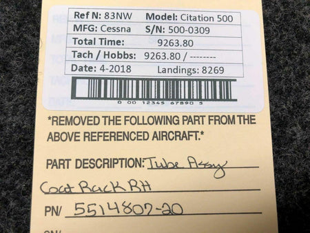 5514807-20 Cessna Citation 500 Tube Assy Coat Rack RH BAS Part Sales | Airplane Parts