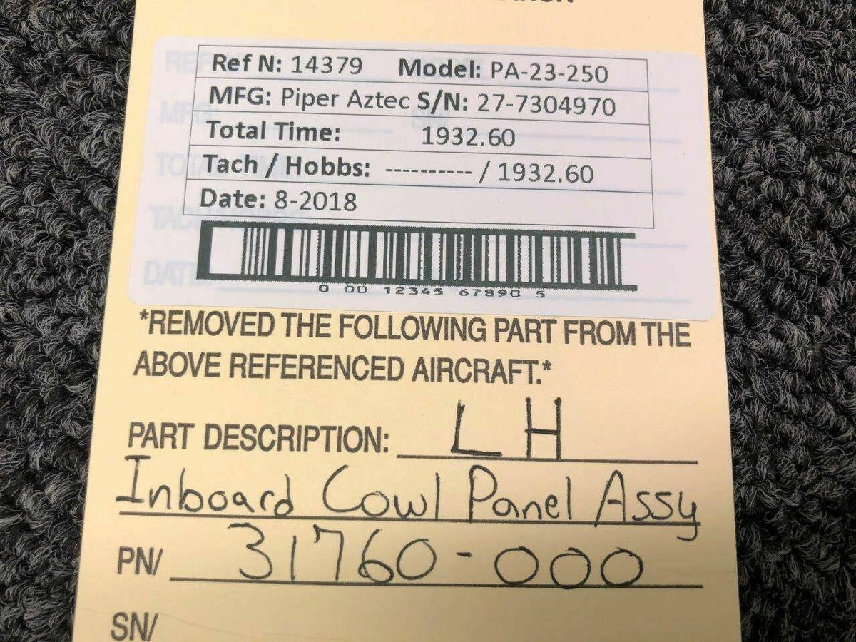 Piper 31760-000 Piper PA23-250 Aztec Cowling Panel Assy Inbd LH