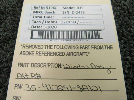 Beechcraft 35-410291-SA101 Beech B35 Window Assy RH Clear, Thin