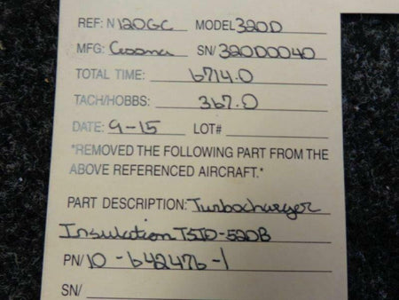 Cessna 320D TSIO-520B Turbocharger Insulation P/N 10-642476-1
