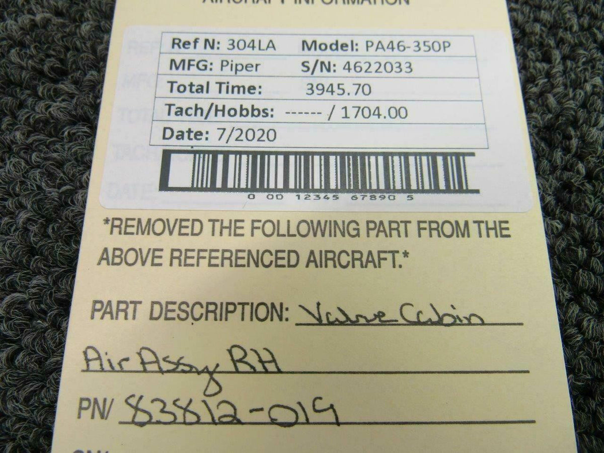 Piper 83812-019 Piper PA46-350P Valve Cabin Air Assy RH