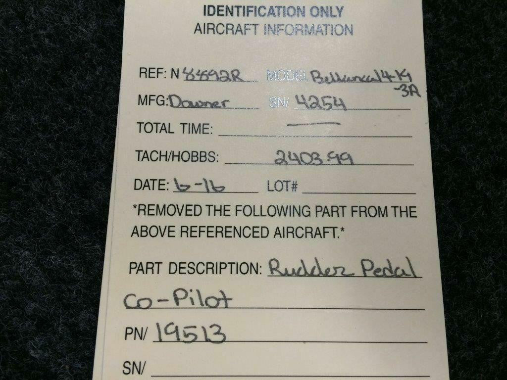 Bellanca 14-19-3A Rudder Pedal Co-PilotP/N 19513