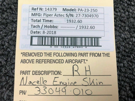 Piper 33049-010 Piper PA23-250 Aztec Nacelle Engine Skin RH