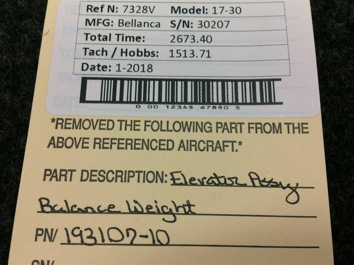 Bellanca 193107-10 Bellanca 17-30 Elevator Assy Balance Weight