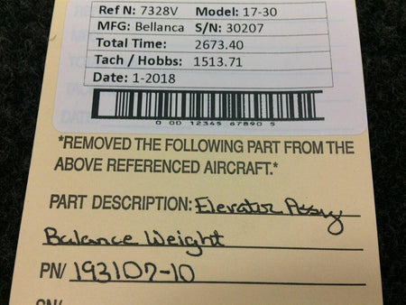 Bellanca 193107-10 Bellanca 17-30 Elevator Assy Balance Weight