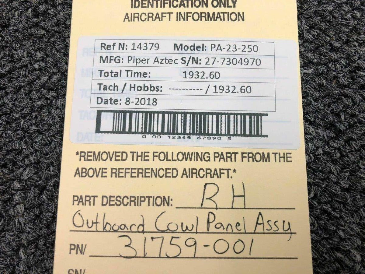 Piper 31759-001 Piper PA23-250 Aztec Outbd Cowling Panel Assy RH