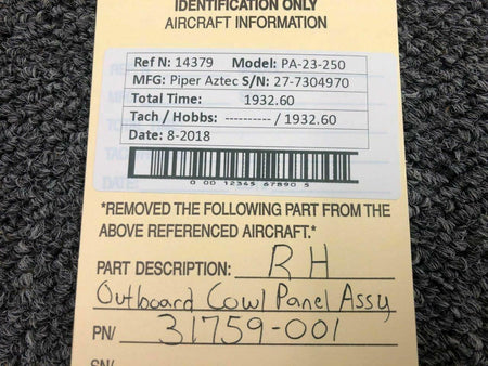 Piper 31759-001 Piper PA23-250 Aztec Outbd Cowling Panel Assy RH