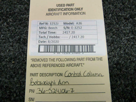Beechcraft 36-524106-7 Beech A36 Control Column Bobweight Arm