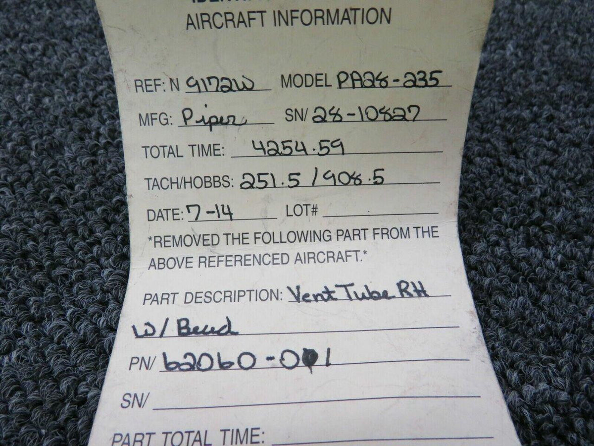 Piper 62060-001 Piper PA28-235 Vent Tube RH With Bead