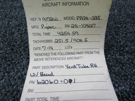 Piper 62060-001 Piper PA28-235 Vent Tube RH With Bead