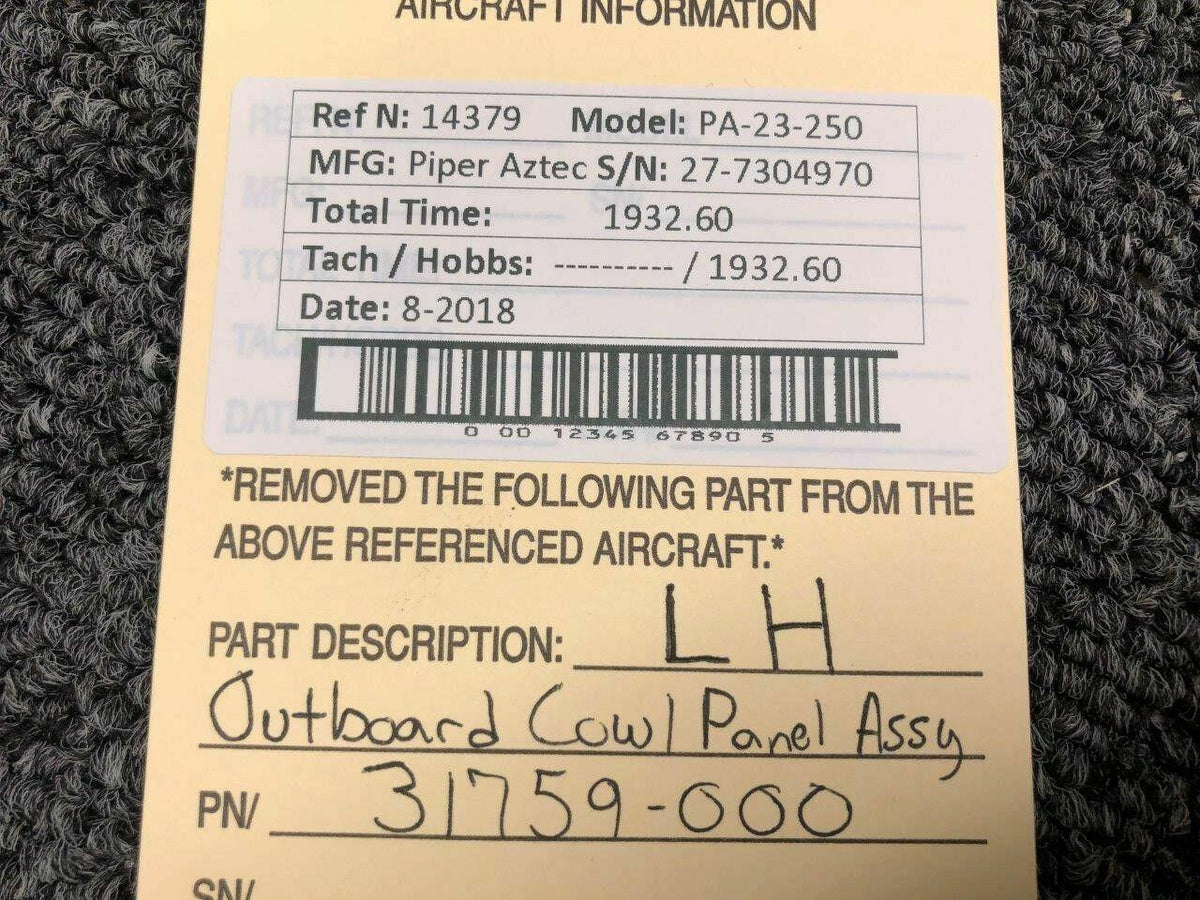 Piper 31759-000 Piper PA23-250 Aztec Outbd Cowling Panel Assy LH