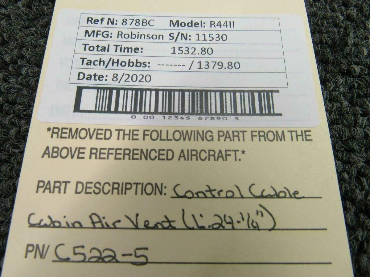 Robinson C522-5 Robinson R44II Control Cable Assy Cabin Air Vent Length 24-1/4