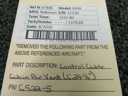 Robinson C522-5 Robinson R44II Control Cable Assy Cabin Air Vent Length 24-1/4