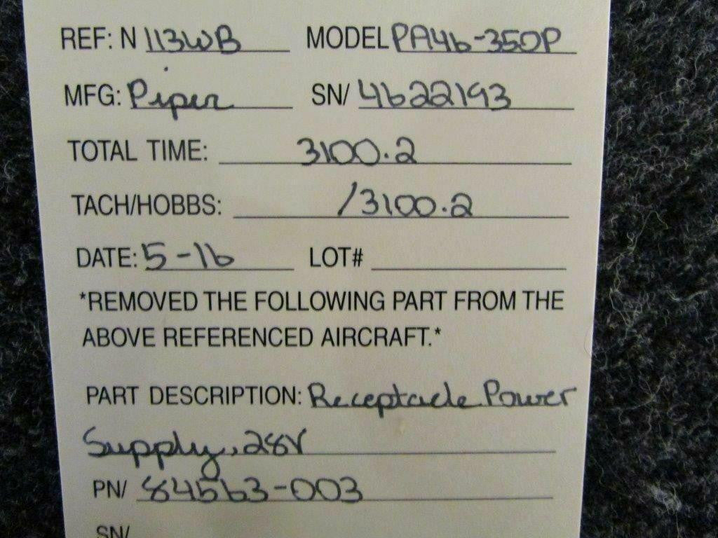 Piper 84563-003 Piper PA46-350P Receptacle Power Supply Volts 28