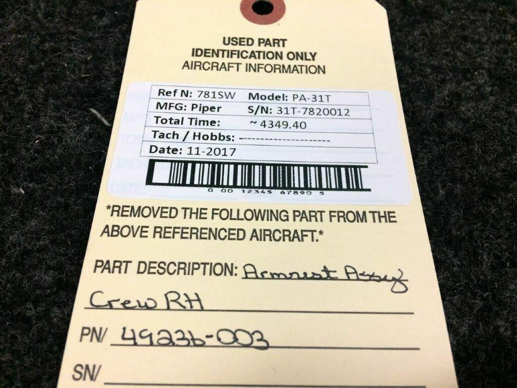 Piper 49236-003 Piper PA-31T Armrest Assy Crew RH