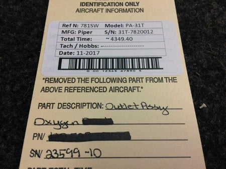 Piper 23599-010 Piper PA-31T Outlet Assy Oxygen