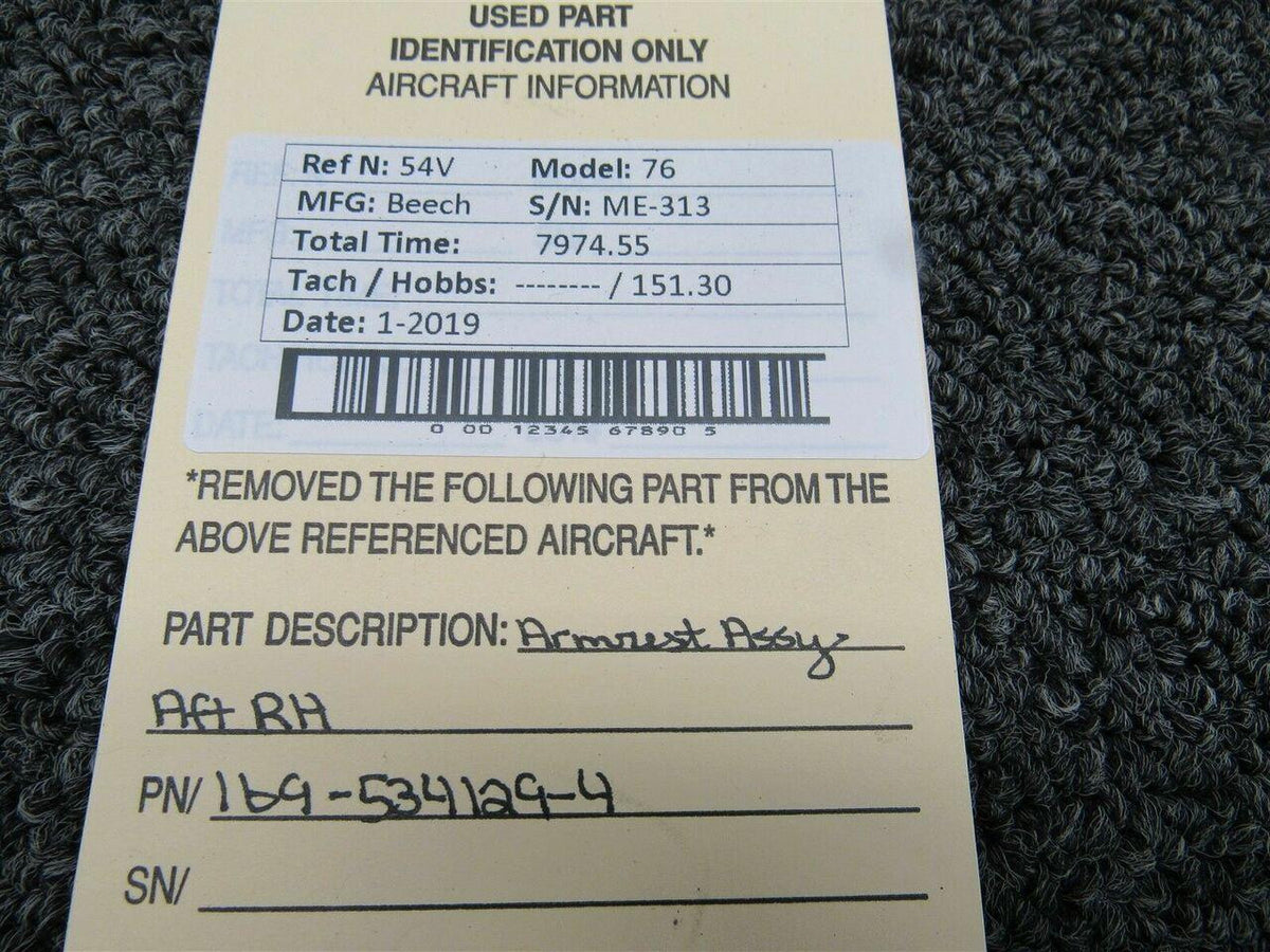 169-534129-4 Beech 76 Armrest Assy Aft RH BAS Part Sales | Airplane Parts