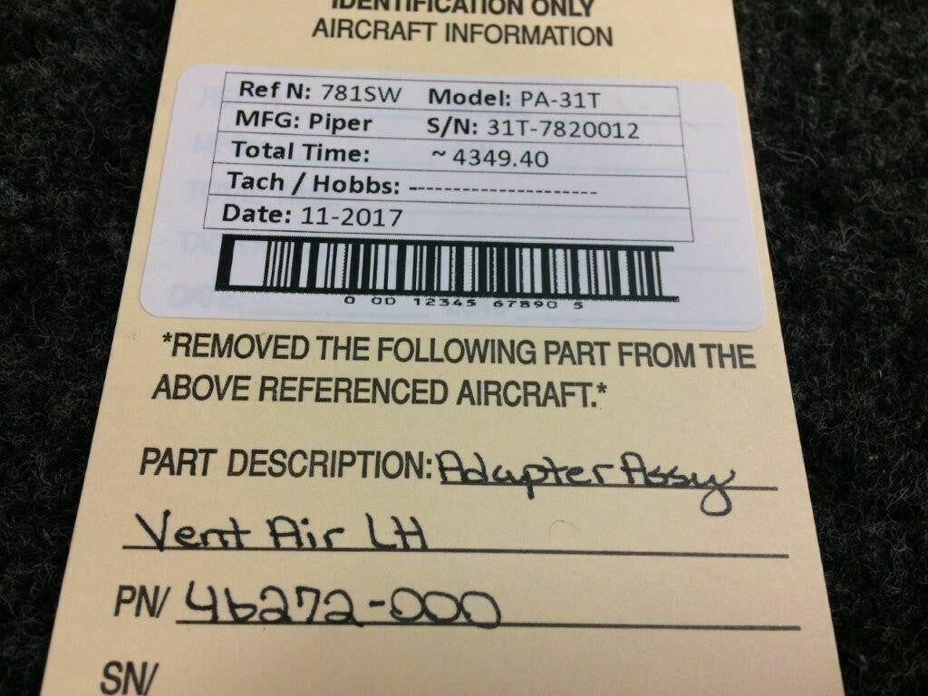 Piper 46272-000 Piper PA-31T Adapter Assy Vent Air LH