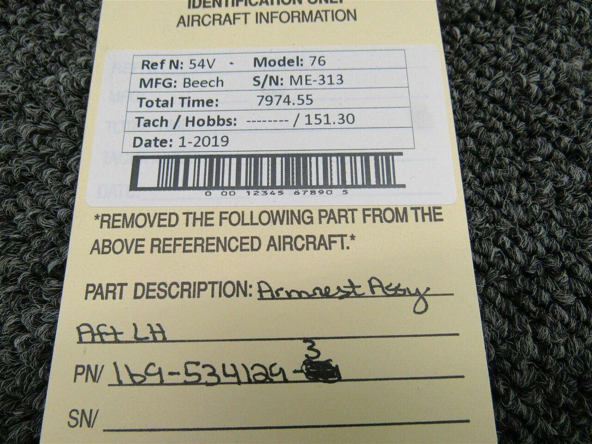 Beechcraft 169-534129-3 Beech 76 Armrest Assy Aft LH