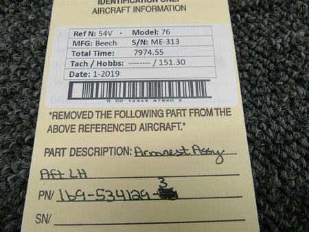 Beechcraft 169-534129-3 Beech 76 Armrest Assy Aft LH
