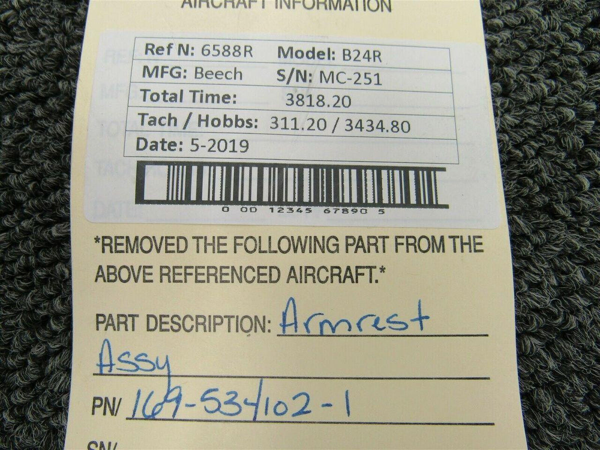 Beechcraft 169-534102-1 Beech B24R Armrest Assembly