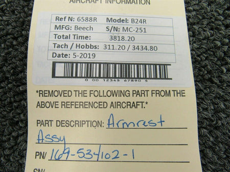 Beechcraft 169-534102-1 Beech B24R Armrest Assembly