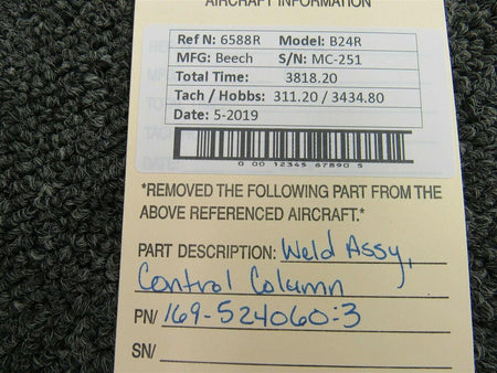 Beechcraft 169-524060-3 Beech B24R Weld Assembly Control Column
