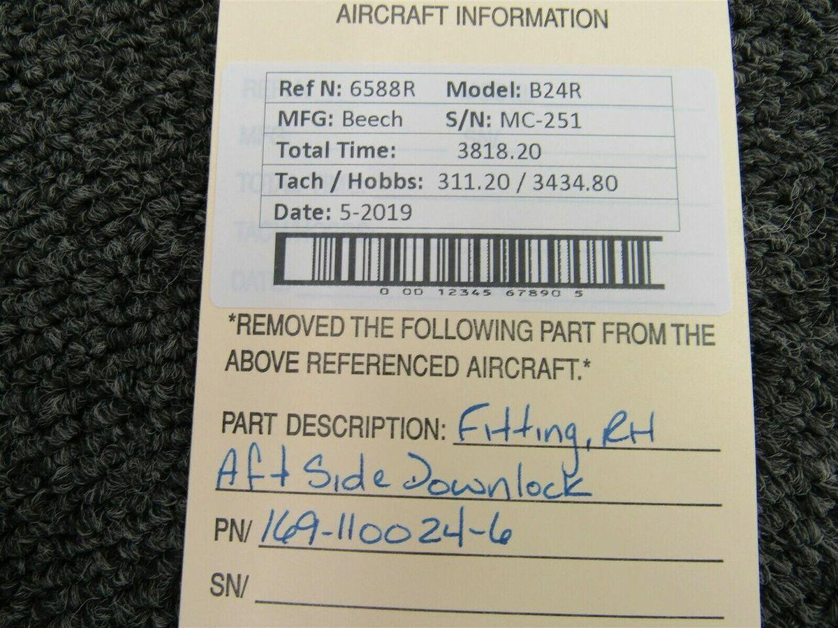 Beechcraft 169-110024-6 Beech B24R Fitting RH Aft Side Downlock