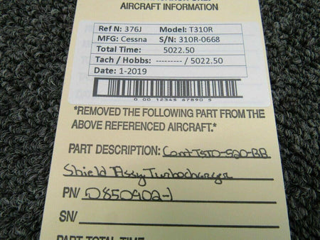 Cessna 0850902-1 Cessna T310R Shield Assy Turbocharger