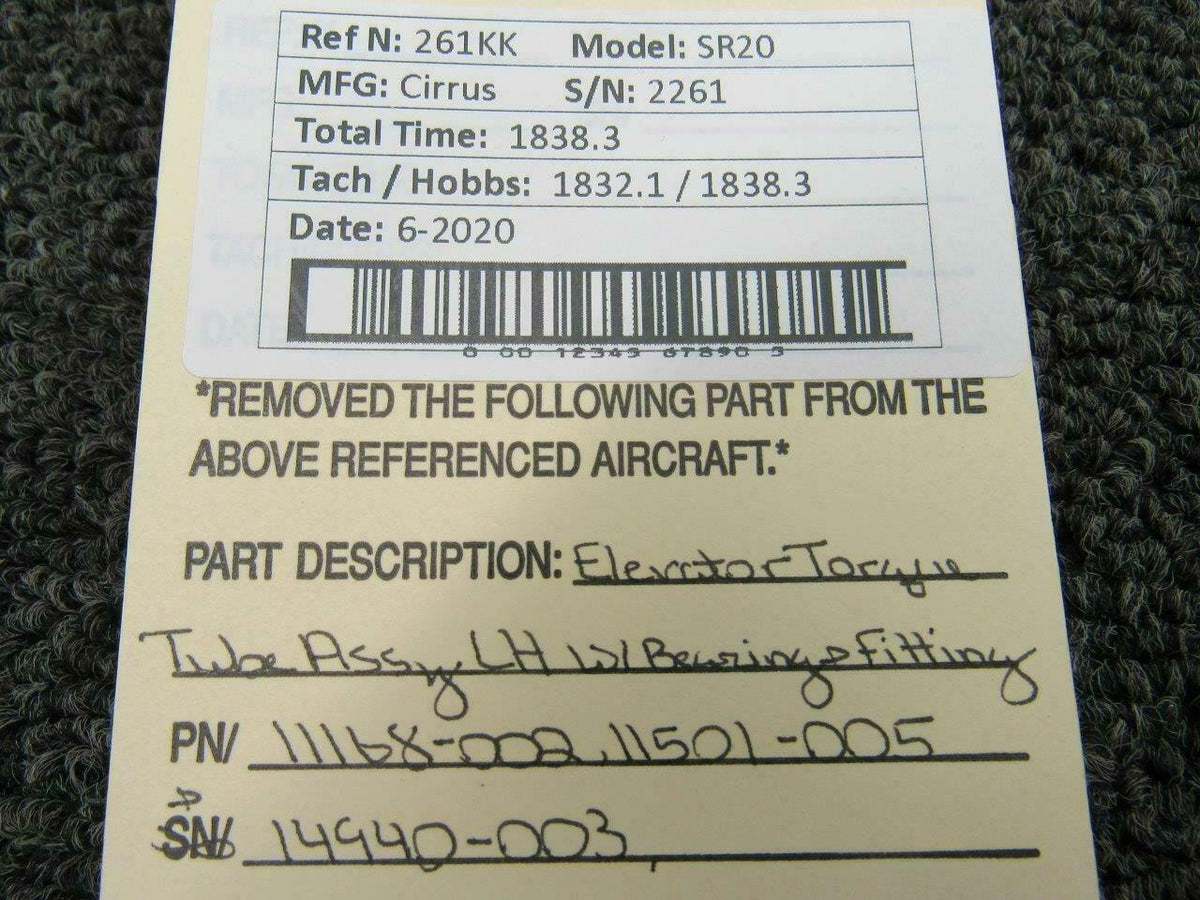 Cirrus 11168-002 / 11501-005 Cirrus SR20 Elevator Torque Tube LH W/ Bearing and Fitting
