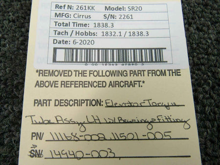 Cirrus 11168-002 / 11501-005 Cirrus SR20 Elevator Torque Tube LH W/ Bearing and Fitting