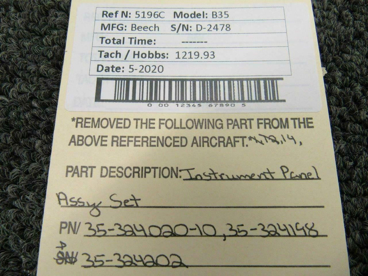 Beechcraft 35-324020-10 / 35-324198 / 35-324202 Beech B35 Instrument Panel Assy Set