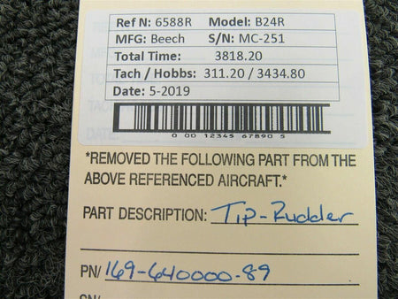 169-640000-89 Beech B24R Tip Rudder BAS Part Sales | Airplane Parts
