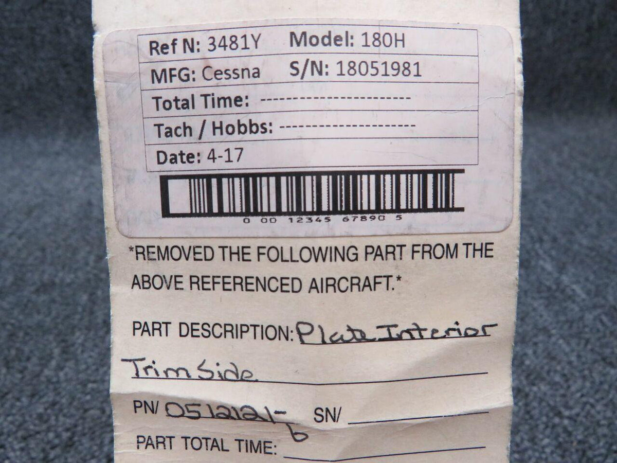 Cessna 0512121-6 Cessna 180H Plate Interior Trim Side