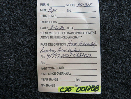 Piper 41797-003 / 72682-012 Piper PA-31T Hook and Cable Assembly Landing Gear Uplock