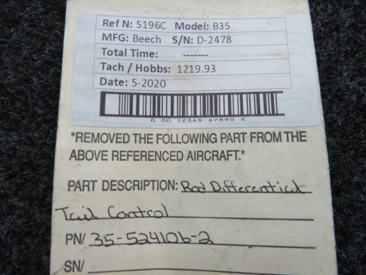 35-524106-2 Beech B35 Differential Tail Control Rod BAS Part Sales | Airplane Parts