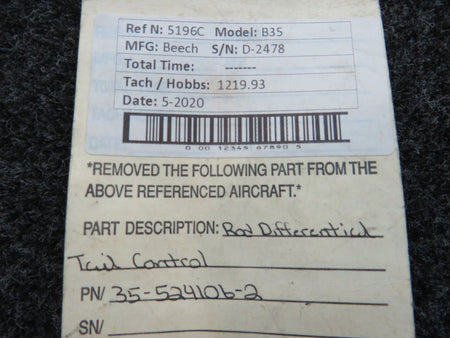 35-524106-2 Beech B35 Differential Tail Control Rod BAS Part Sales | Airplane Parts