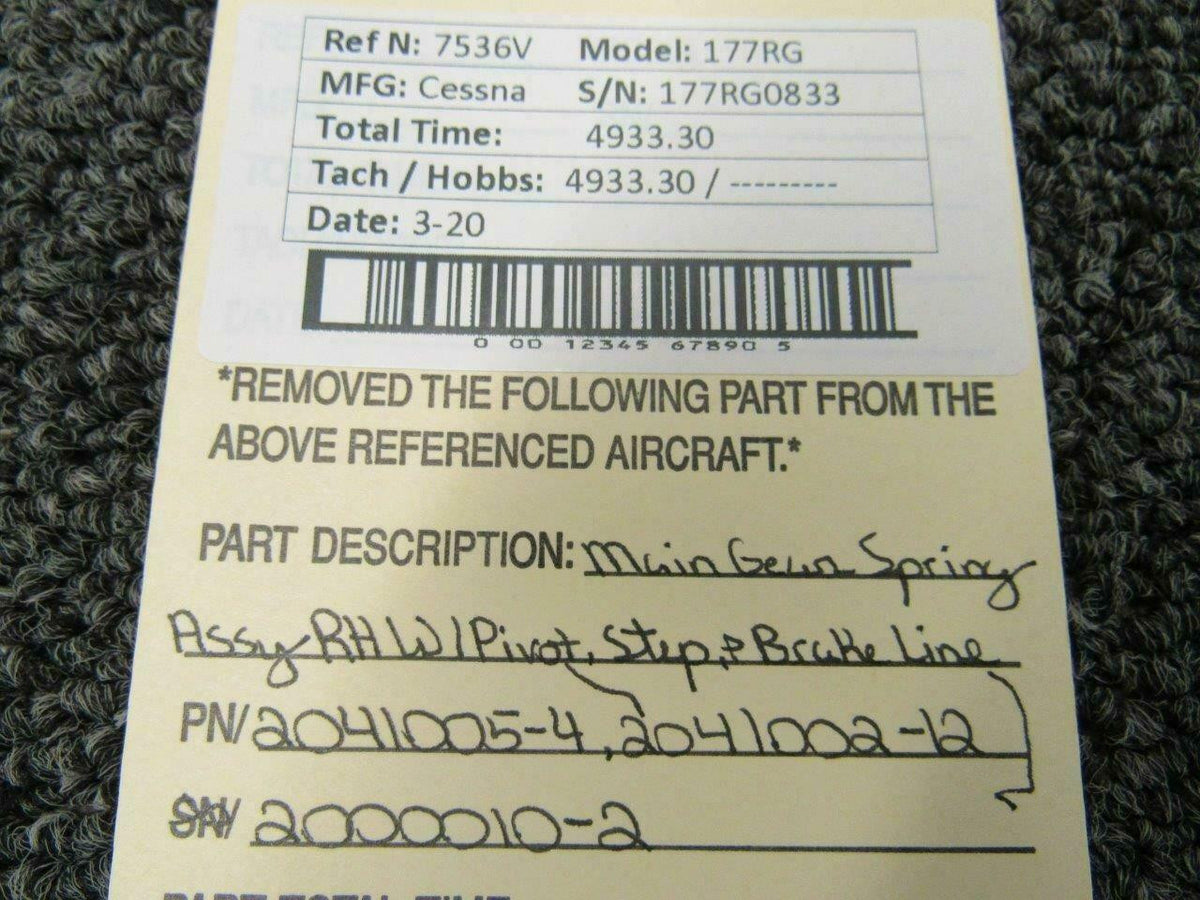 Cessna 2041005-4 / 2041002-12 Cessna 177RG Main Gear Spring Assy RH W/ Pivot and Step