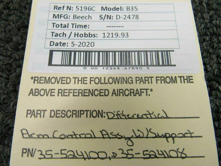Beechcraft 35-524100 / 35-524108 Beech B35 Differential Arm Control Assy W/ Supports