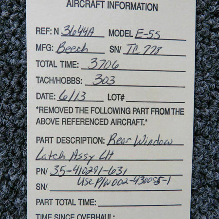 Beechcraft 35-410291-631 Use 002-430055-1 Beech E-55 Rear Window Latch Assy LH