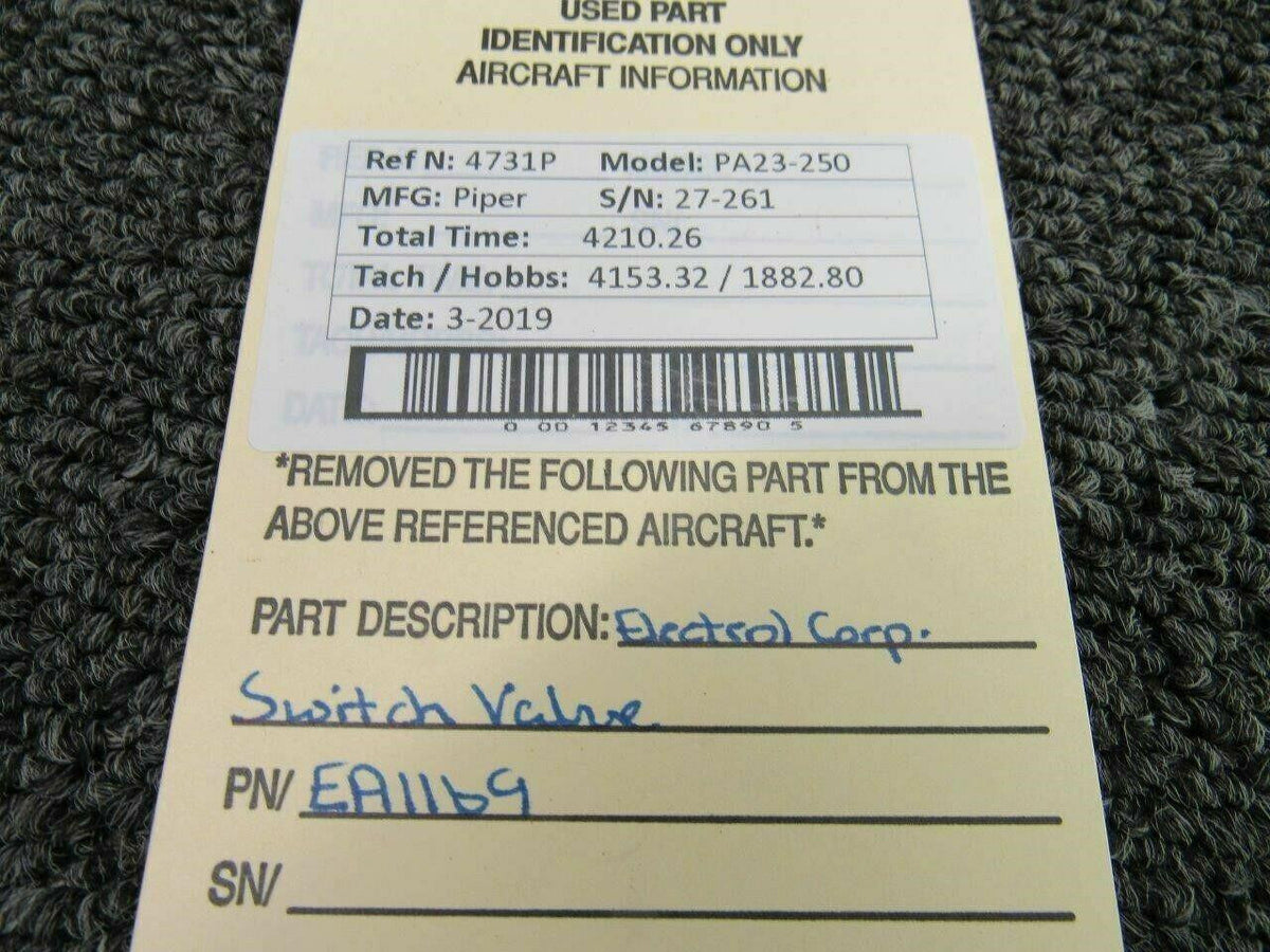 Piper EA1169 Piper PA23-250 Electrol Corp Switch Valve