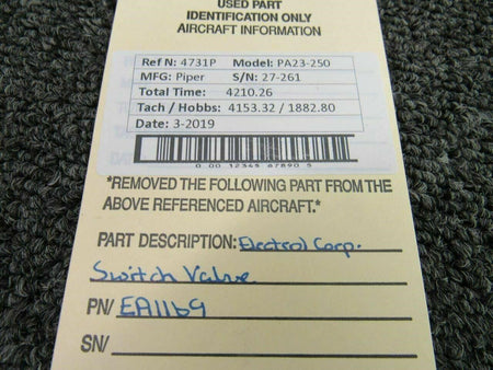 Piper EA1169 Piper PA23-250 Electrol Corp Switch Valve