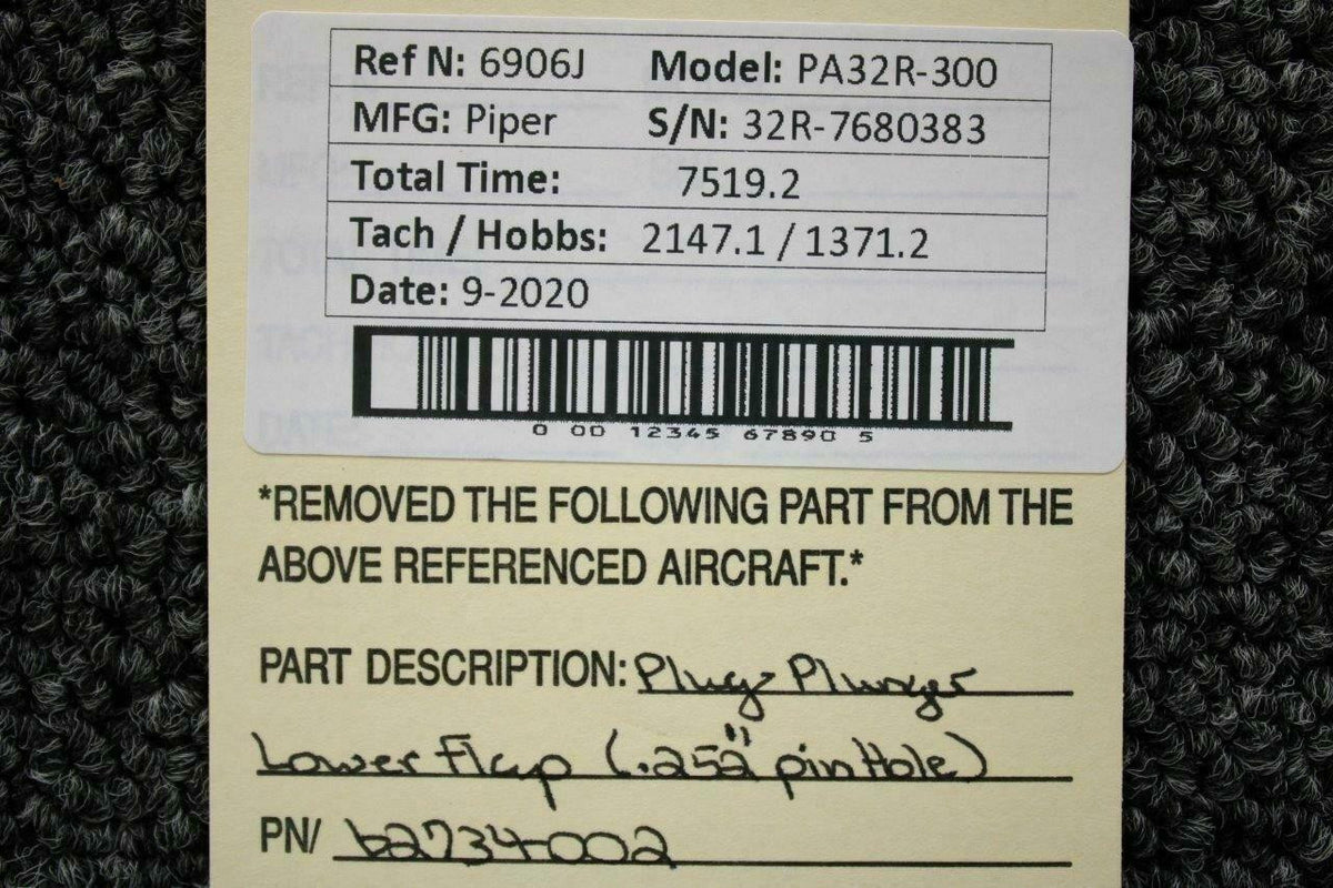 Piper 62734-002 Use 62734-802 Piper PA32R-300 Plug Plunger Lower Flap .252 Hole