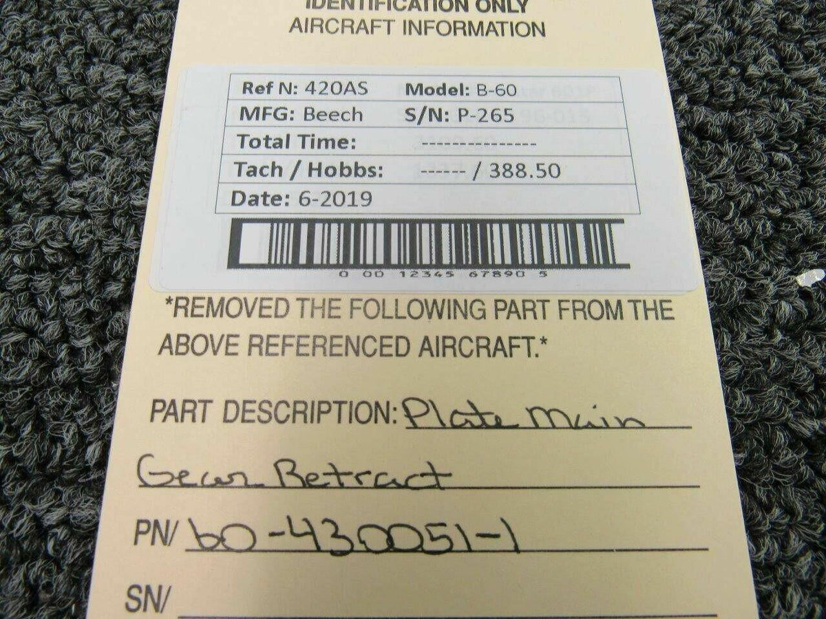Beechcraft 60-430051-1 Beech B-60 Plate Main Gear Retract