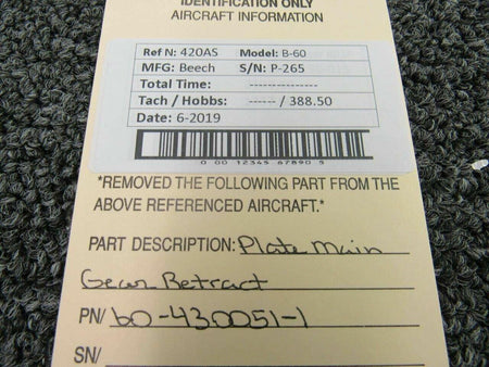 Beechcraft 60-430051-1 Beech B-60 Plate Main Gear Retract